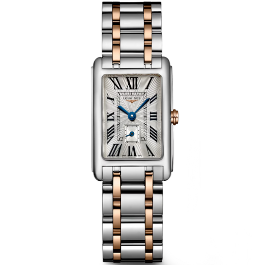 Luxury watch with a rectangular face and two-tone metal strap on a white background