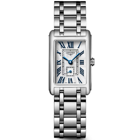 A silver-toned stainless steel watch with a rectangular silver case, a white dial featuring blue Roman numerals and hands, and a matching silver link bracelet, shown against a plain white background.