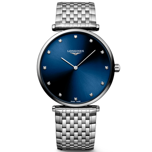 A Longines wristwatch with a round silver-tone stainless steel case, a blue sunburst dial with diamond hour markers, and a matching stainless steel link bracelet, shown against a plain white background.