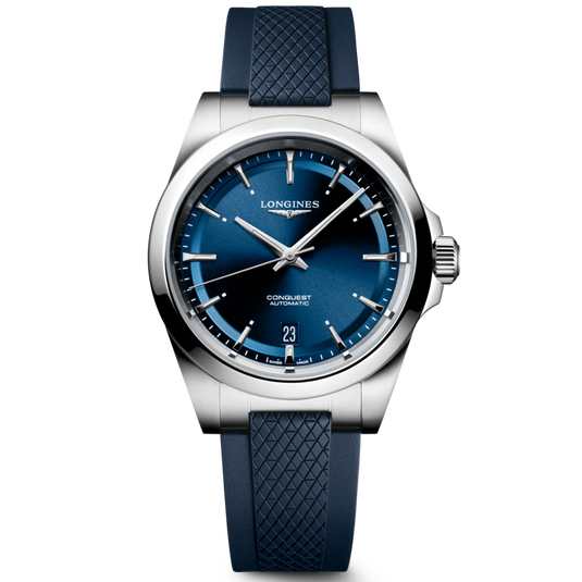 Longines Conquest Automatic watch with a blue dial, silver stainless steel case, and a dark blue textured silicone strap, shown on a white background.