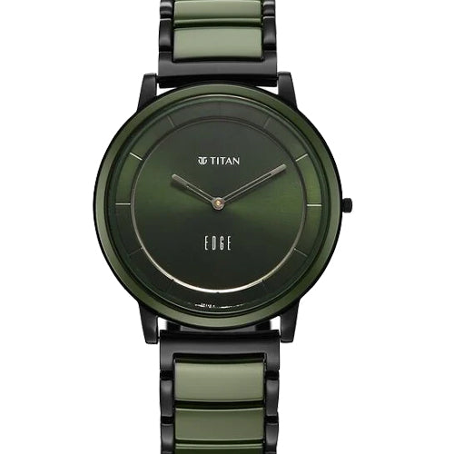 Titan Edge Melange Slim Steel & Ceramic Strap Green Dial Analog Watch For Men 41mm 1878KD05