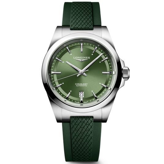 A Longines Conquest Automatic watch featuring a green dial and a dark green textured rubber strap, set against a clean white background.