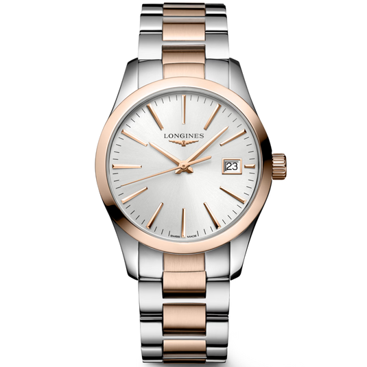 Two-tone watch with silver and rose gold band on a white background