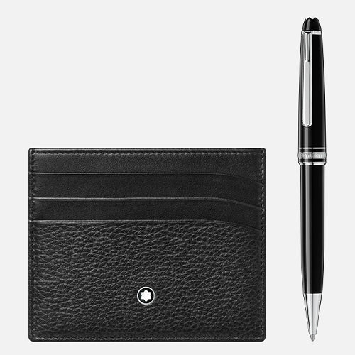 Montblanc Set with Meisterstück Platinum-Coated Classique Ballpoint Pen and Meisterstück Soft Grain Pocket 6cc