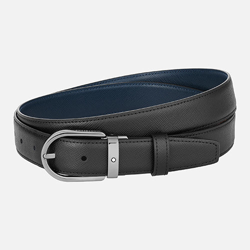 Mont Blanc, Horseshoe buckle black/blue 30 mm reversible leather belt