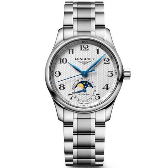 A Longines Masterchron watch with a silver stainless steel link bracelet, a white dial with black Arabic numerals, and blue hands, shown against a plain white background.