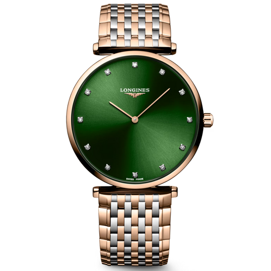 Green watch with rose gold and silver bracelet on a white background