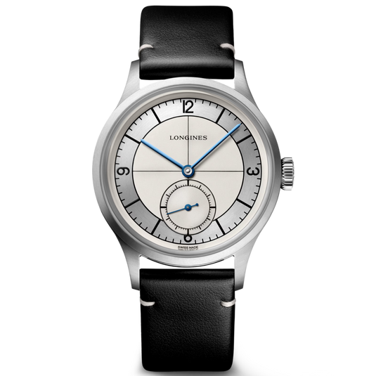 Longines watch with black leather strap and silver case on a white background