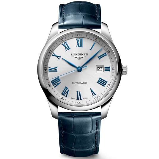 Longines Automatic watch with a silver stainless steel case, a silver dial with blue Roman numerals and hands, and a dark blue alligator leather strap, shown on a white background.