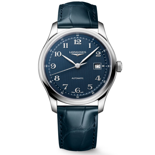 Longines watch with blue strap and face on a white background