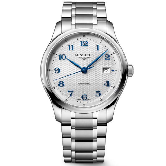 Longines Automatic watch with a silver stainless steel link bracelet, a white dial with blue hands and numerals, and a date window at 3 o'clock, shown on a clean white background.