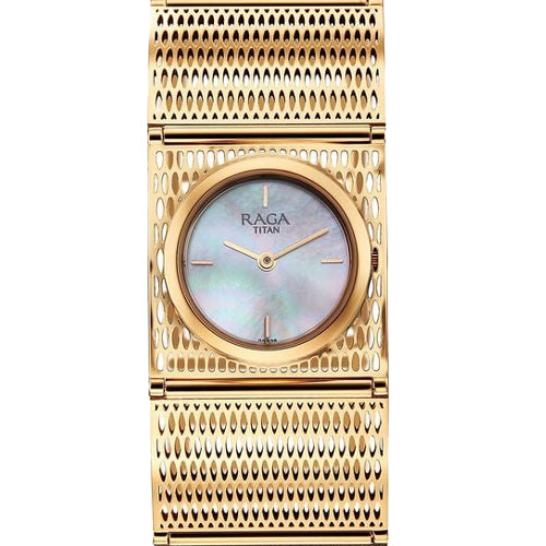 Titan Raga Ethereal Quartz Analog White Mother Of Pearl Dial Rose Gold Stainless Steel Strap Watch For Women 28mm 2770WM01