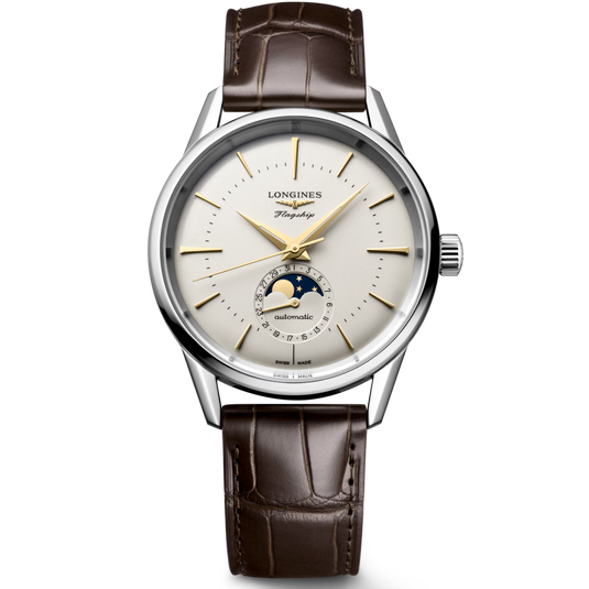 Longines Playshop automatic watch with a silver-tone stainless steel case, a cream-colored dial featuring gold-tone hands and markers, and a dark brown alligator leather strap.