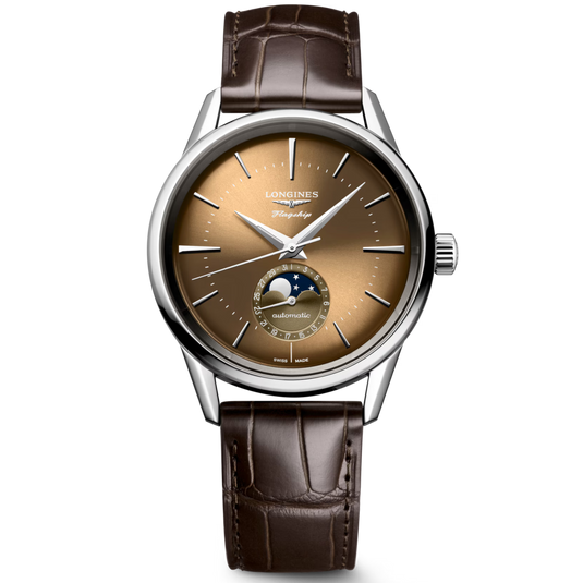 Watch with brown leather strap and brown dial on a white background