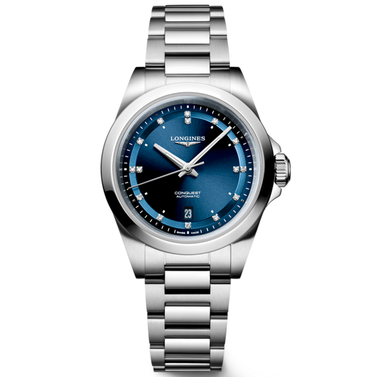 A Longines Goldeneye watch with a polished silver-tone stainless steel case and integrated link bracelet, featuring a deep blue sunburst dial with silver-tone indices and hands.