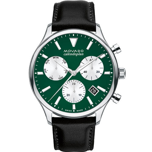 Movado Calendoplan Green Dial & Black Leather Strap Watch for Men