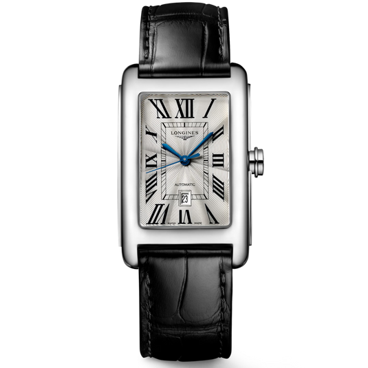 Luxury watch with black leather strap and silver case on a white background