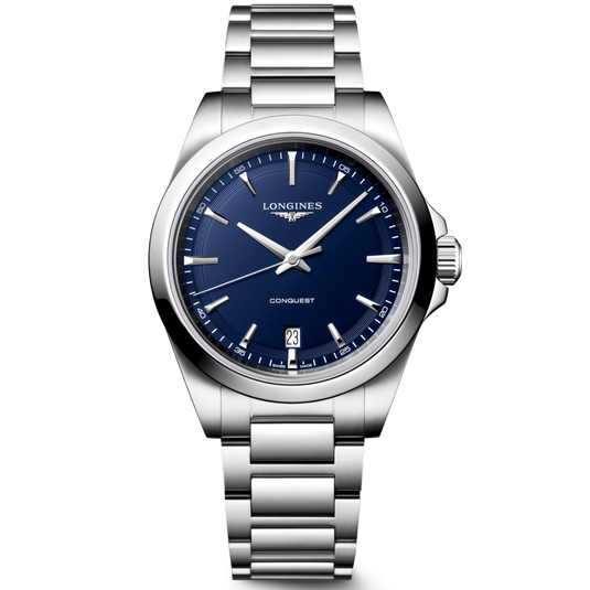 Silver watch with blue dial on a white background