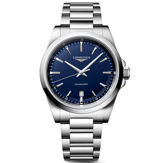 Silver watch with blue dial on a white background