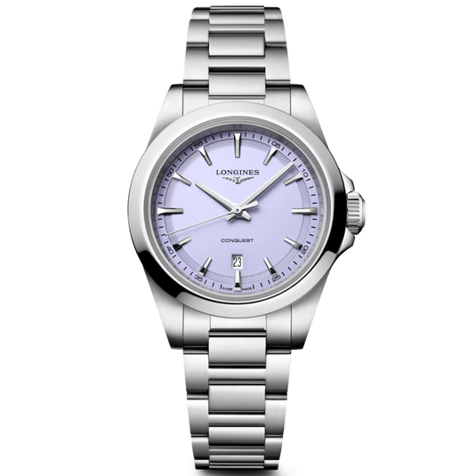 A Longines Concorde watch with a silver stainless steel case and link bracelet, featuring a pale lavender dial with silver-tone indices and hands.