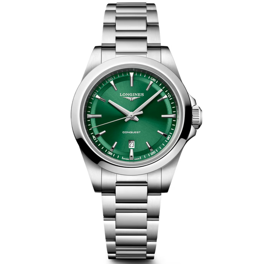 Silver watch with a green dial on a white background