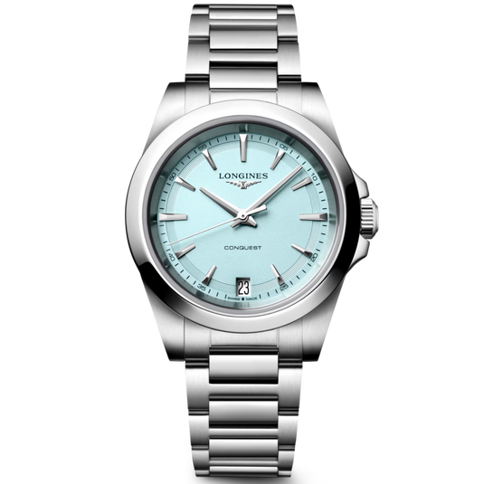 Silver watch with a light blue face on a white background