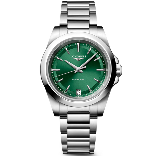 Silver watch with a green face on a white background