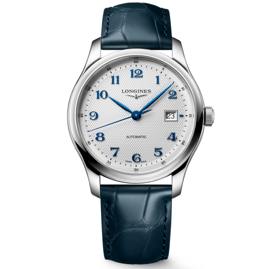 Longines Automatic watch with a silver stainless steel case, white dial with blue numerals and hands, and a dark blue alligator leather strap, shown on a white background.