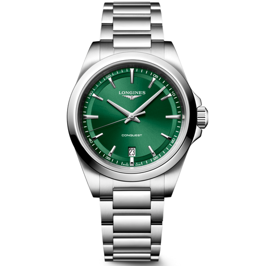 A Longines Conquest watch with a polished silver-tone stainless steel case and integrated bracelet, featuring a vibrant green dial with silver-tone indices and hands.