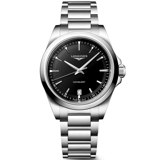 Silver Longines watch with black dial on a white background