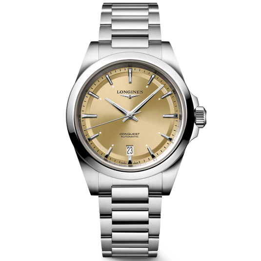 Longines Conquest Automatic watch with a silver stainless steel case and bracelet, featuring a champagne-gold dial with silver-tone indices and hands, a date window at 3 o'clock, and a crown adjustment knob on the right side.