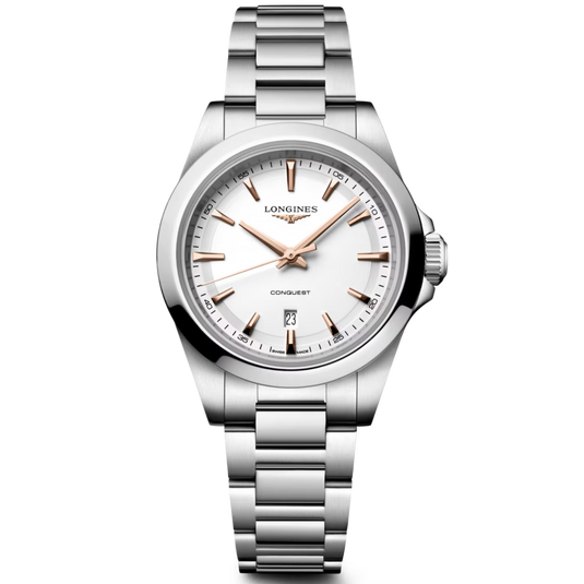 A Longines Conquest wristwatch with a silver stainless steel link bracelet, a silver case, and a white dial with rose gold-tone hands and markers, shown against a plain white background.