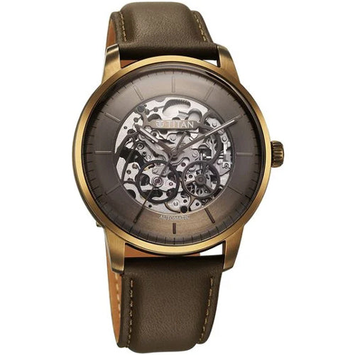 Titan Automatic Color Upgrade Brown Dial Brown Leather Strap Watch For Men 44mm 90110QL03