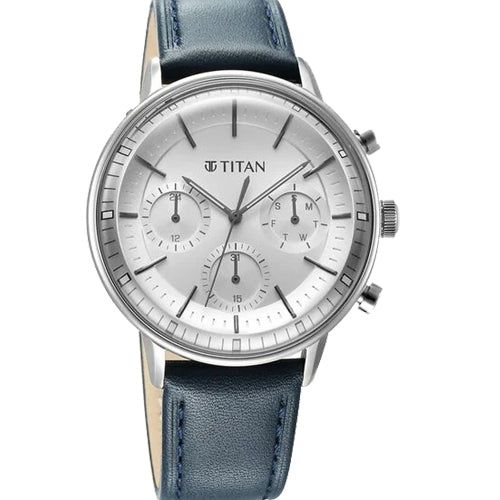 Titan Light Leathers Quartz Multifunction Silver Dial Stainless Steel Strap Watch for Men 42mm 90171SL01