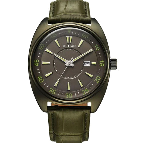 Titan Classique Tonneau Analog with Date and Green Dial Green Leather Strap Watch for Men 42mm 90211QL01