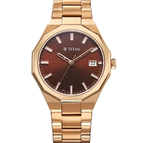 Titan Regalia Dodecagon Quartz Analog with Date Brown Dial Rose Gold Stainless Steel Strap Watch For Men 40mm 90212WM01