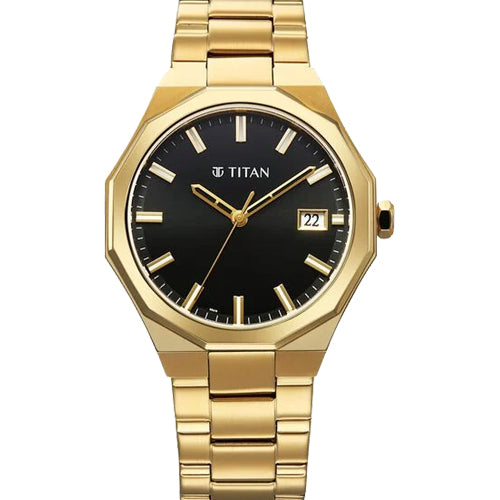 Titan Regalia Dodecagon Quartz Analog with Date Black Dial Golden Stainless Steel Strap Watch For Men 40mm 90212YM01