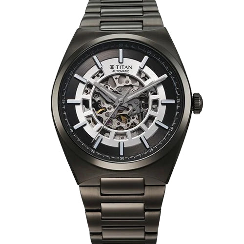 Titan Nexus Skeletal Automatic Analog with Gun Dial Gun Stainless Steel Strap Watch for Men 42mm 90221QM02