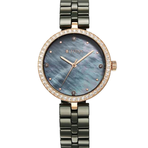 Titan Purple Ceramics Quartz Analog Mother of Pearl Dial Green Ceramic Strap Watch For Women 34mm 95215KC04