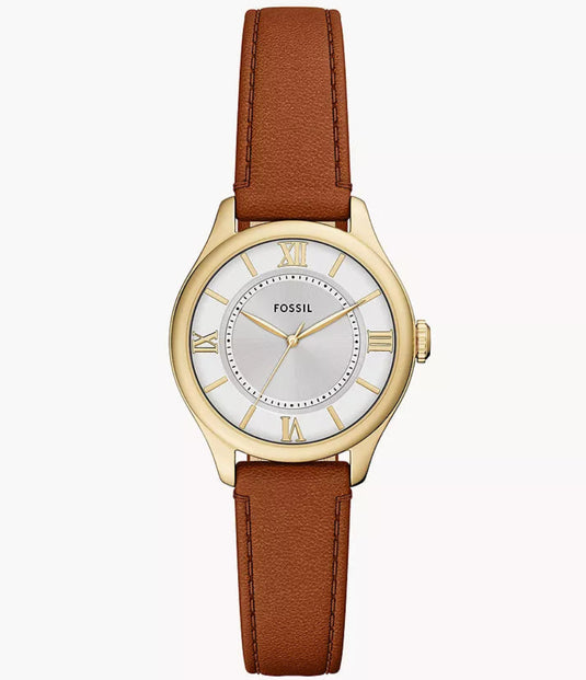 Fossil watch with brown leather strap and gold case on white background