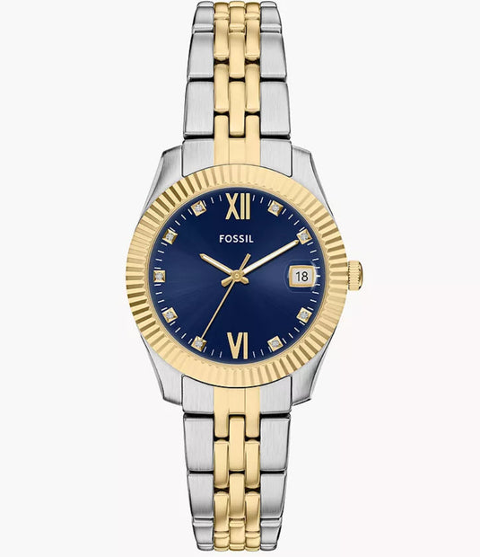 Two-tone Fossil watch with blue dial on a white background