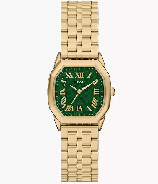 Gold watch with green dial on a white background