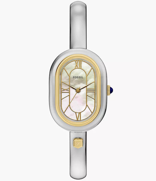 Wristwatch with a gold and silver design on a white background