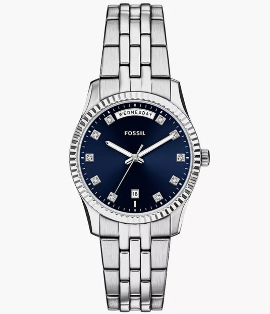 Silver watch with a blue dial on a white background
