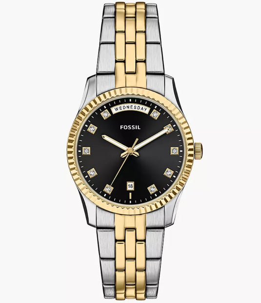 Two-tone watch with black dial on a white background