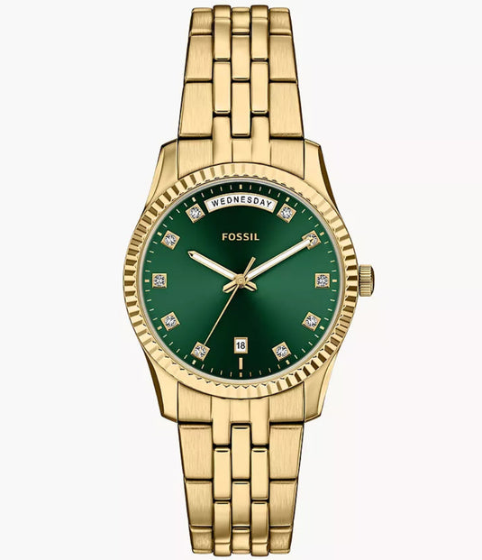 Gold watch with a green dial on a white background