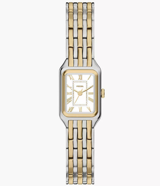 Two-tone watch with gold and silver band on a white background