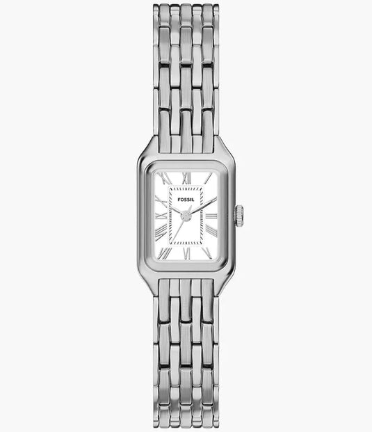 A women's rectangular analog watch with a silver-tone metal link bracelet, a silver bezel, and a white dial with black Roman numerals, shown against a plain light gray background.