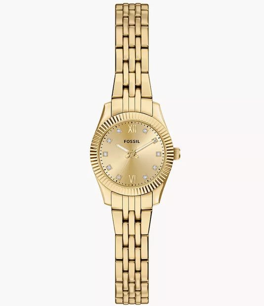 Gold watch with a diamond-studded face on a white background