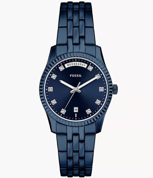Blue wristwatch with diamond accents on a white background